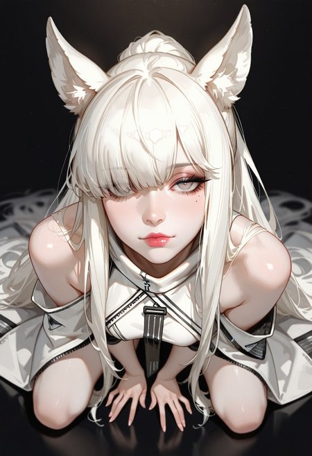 masterpiece, best quality, good quality, very aesthetic, absurdres, newest, 8K, depth of field, focused full body subject, dynamic sexy pose, full body 1girl, solo, platinum from arknights, hair over one eye, fingernails, eyelashes, full lips, mole under eye, Pale white skin, makeup, half-open eyes, lipstick, mascara, realistic, Cinematic Lighting, bare shoulders, solemn look, looking at viewer, shadowy black background, incredibly sexy, seductive, detailed eyes