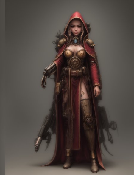 Ultra-realistic 8k CG, masterpiece, best quality, (very detailed face),masterpiece, best quality, 1girl, 20 years old, woman, colorful, (full body, wide shot),  <lora:more_details:0.8>  <lora:techpriest:0.8> mechanical arms, steampunk, hood, robe, techpriest, forgeworld, adeptus mechanicus,