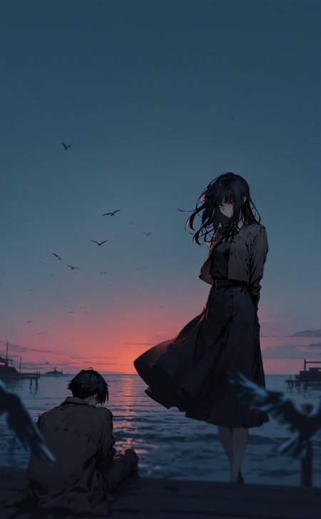 masterpiece, best quality, amazing quality, 1girl, long hair, short hair, black hair, 1boy, dress, sitting, standing, jacket, outdoors, sky, water, blurry, bird, scar, ocean, arms behind back, scar on face, blurry foreground, evening, cross scar, fourth east high school uniform, pier, rolua,
dark_comic_fantasy_noir <lora:noobai_ep11_stabilizer_v0.138_fp16:0.3> <lora:NOOB_vp1_detailer_by_volnovik_v1:0.3> <lora:dark_comic_fantasy_noir_illustriousXL-000021:0.6> <lora:96YOTTEA-WAI:0.5> <lora:Rolua_style_v1_cocoILv56:0.7>