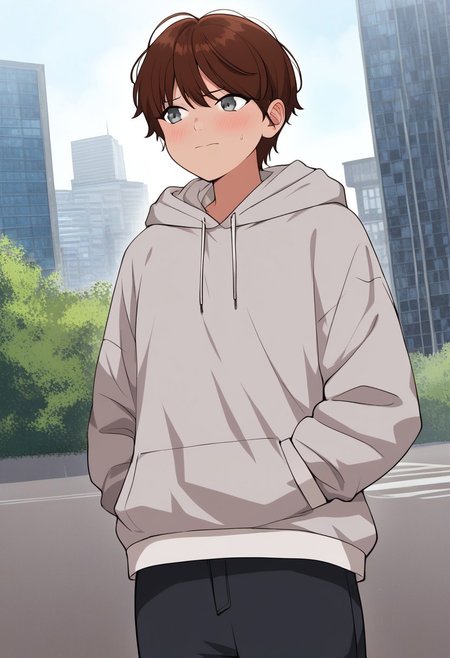 Masterpiece, Highest Quality, Score_9, Score_8_up, Score_7_up, source_anime. anime style. masterpiece, highres, absurdres. Best resolution.
solo. handfixer. building entrance. embarrassed. standing posture
song jiwoo. 1girl. brown hair. short hair. gray eyes. tomboy. 
gray hoodie. hood down. gray long pants