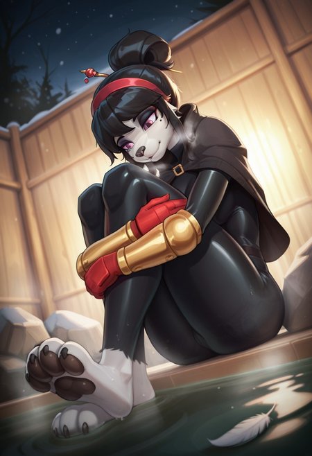yorzis.,  outdoors, undershirt, falling feathers, black bodysuit, hair stick, hugging own legs, , gauntlets,   eyeshadow,   red gloves, black capelet, red hairband, pink eyes, medium hair, black hair, 1girl, solo,  dynamic angle, foreshortening, furry, furry female, anthro, paws, claws, pawpads, steam, smell, visible, breath, onsen, water