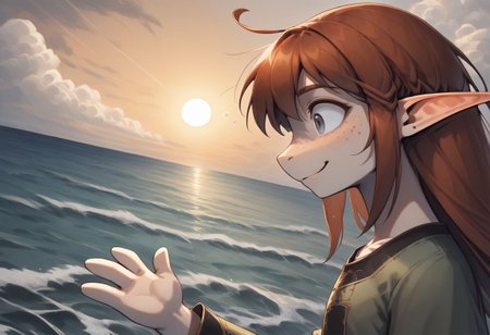 Lapanya, 1 person, solo, dynamic shot, pointy ears, ((snout nose)), flat chest, light skin, freckles, tall, ((gray eyes, gray irises)):1.2, ((smiling, friendly expression)), auburn hair, long hair, several strands of hair sticking straight up, back-length hair, average build, small nostrils, ((3 fingers 1 thumb)), baggy long-sleeve green tunic, ((blue breeches))
Falling from the sky, hair blowing in wind, falling headfirst, nosedive, midair, face towards the ground, wide eyes, wild expression
Clouds above, ocean below
clean lines, up close, upper body focus, highly detailed face, high quality, best quality,  score: 9, score: 8 up, rating: safe
