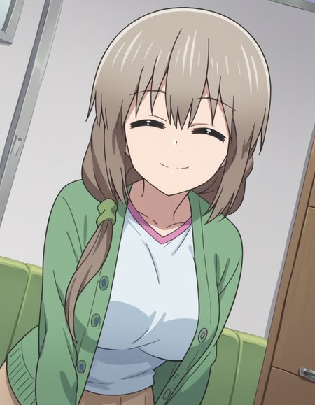 score_9, score_8_up, score_7_up, source_anime,
tsukiuzaki, <lora:tsuki-uzaki-s2-ponyxl-lora-nochekaiser:1>,
tsuki uzaki, long hair, closed eyes, grey hair, large breasts, hair over shoulder, scrunchie, hair scrunchie,
skirt, shirt, white shirt, cardigan, open cardigan, green cardigan, blue shirt, brown skirt,
indoors, bent over, smile,
looking at viewer, cowboy shot, solo, dutch angle,