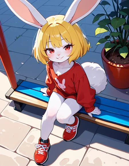 masterpiece, best quality, very aesthetic, absurdres,
outdoors, dressed shadow \(meme\), 
full body, casual, 
seductive smile, parted lips, long eyelashes,
 <lora:Carrot_v01_NAIXL-000011:1>
Ca3307,1girl,solo,furry,furry female,rabbit girl,short hair,blonde hair,rabbit ears,red eyes,animal nose,body fur,white fur,rabbit tail,