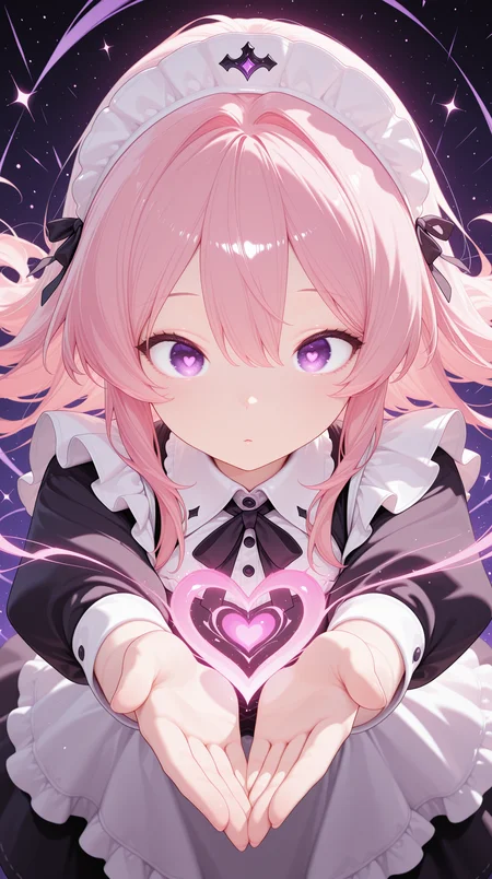 1girl, mystical idol aesthetic, hand extended, floating heart-shaped light masterpiece, best quality, amazing quality, very aesthetic, absurdres, detailed eyes, newest, <lora:CivChan:1>, CivChan, purple eyes, pink hair,