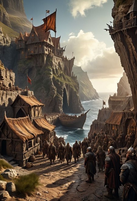 extremely detailed, hero shot, high detail, hires textures, incredibly detailed, intricate details, elaborate diorama, masterpiece, hyperrealism, masterpiece, cliff background, pleasant, stately, game of thrones, a small group of humans elves and dwarves disembark onto a settlement in a fantasy world with ancient-ships in the distant background