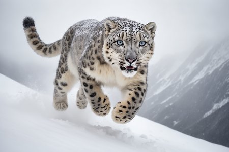 a rare photo of a snow leopard by National Geographic, the photo captures the majestic animal running on a rocky snow mountain during a strong snow storm , the leopard is jumping, snow-capped mountain peaks in background, snow storm, storm clouds, heavy snow, ultra detailed fur, hungry eyes, alert posture, expansive mountain vista, 8k, ultra realistic, photography,