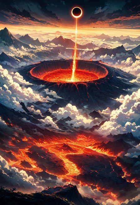 A haven for Earth, detailed landscape, captivating, fantastic, great lighting, Nature, grasslands, mountain, Annular Solar Eclipse, Caldera eruption, Lava River,( from above),  double exposure, beautiful view, mysterious glow, beautiful clouds, depth of field, masterpiece, best quality, 8k, ultra-detailed, very aesthetic, illustration, superb composition, finest details, , intricate details, absurdres, high contrast, RAW, concept art,