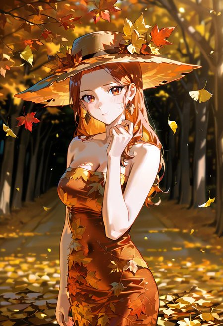 1girl,solo,looking at viewer, echo (circa),al dress, red dress, leaf, orange dress, autumn leaves,upper body, kiryu_coco