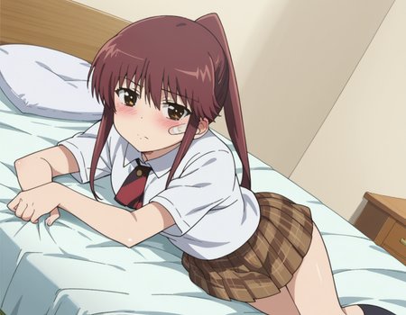 score_9, score_8_up, score_7_up, source_anime,
rikosuminoe, <lora:riko-suminoe-ova-ponyxl-lora-nochekaiser:1>,
riko suminoe, long hair, brown hair, brown eyes, ponytail, bandaid, bandaid on face, sidelocks,
skirt, shirt, school uniform, white shirt, socks, plaid, kneehighs, plaid skirt,
indoors, bed, bed room, on side, blush, drunk,
looking at viewer, dutch angle, cowboy shot,