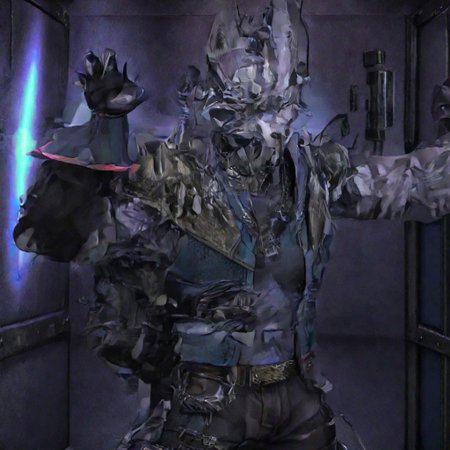wolf o' donnel,  black muscle shirt, shoulder armor with spikes, silver chain necklace, black dog collar with spikes, black arm guard gloves, black gauntlets with spikes, muscular body, pectoral muscles, toned abs, white chest fur, white armpit hair, military coat, dark green military pants, dark purple holster with straps, metal war boots, metal knee protection with spikes, penis bulge, lifting shirt to viewer, white pubic fur, sharp claws, long wolf tail, black eye patch, scar over one eye, sitting in a spaceship, outer space background, neon lights