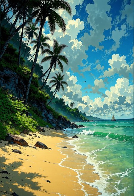 Caribbean Hidden Beach – Crystal Waters & Lush Greenery
"A hidden beach along the Caribbean coast, where lush tropical vegetation meets untouched golden sand. The water shimmers in shades of aquamarine and emerald, with gentle waves rolling onto the shore. Sunlight filters through the dense palm trees, creating intricate patterns on the warm sand as a distant sailboat drifts lazily across the horizon."