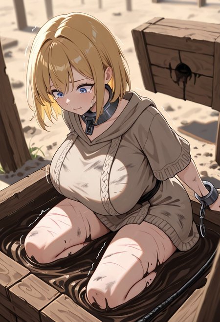 masterpiece, best quality, good quality, very aesthetic, absurdres, newest, 8K, depth of field,  in the style of cknc, artist:moriimee, in the style of cksc, 
1girl, long blonde hair, matted, blue eyes, pale skin, huge breasts, sagging, tattered wool robe, slipping, iron collar, wrist chains, dirty skin, whip marks, kneeling in mud, trembling lips, tears streaming, looking down, from above
BREAK
slave market, muddy square, wooden stocks
BREAK
dynamic light, muted colors, high contrast, depth of field, grim shadows, rich details, gritty haze