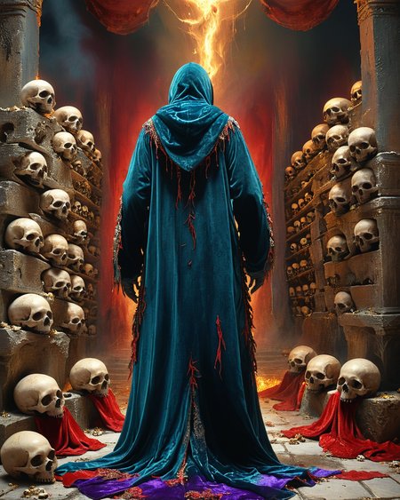 hooded human sorcerer standing in evil temple near a pile of skulls, raised dais, viewed from behind, velvet robe, volumetric lighting, intense colors, <lora:add-detail-xl:1.0>,  <lora:xl_more_art-full_v1:0.4>,   <lora:XSfenlie:1> fenliexl,  <lora:lora:1>, realistic photo