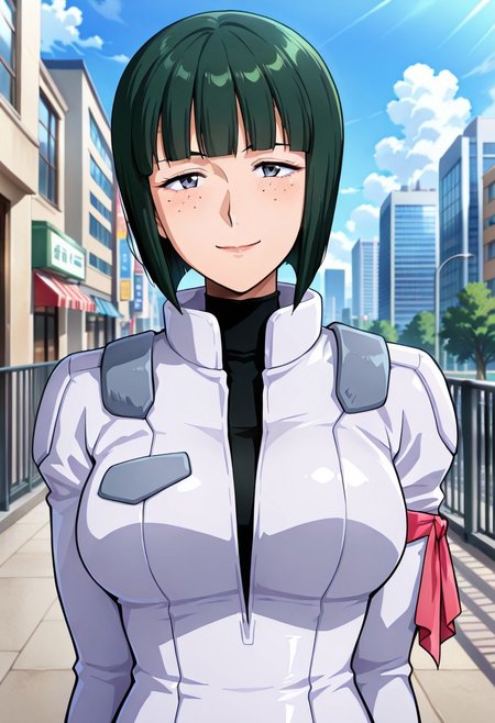 ((masterpiece, absurdres)), best quality, amazing quality, newest, 4k, anime coloring, very aesthetic, ray tracing, Smooth Quality, CG,city view,connie, 1 mature female, green hair, bob cut, freckles, pilotsuit, turtleneck t-shirt, arm ribbon,upper body, smile