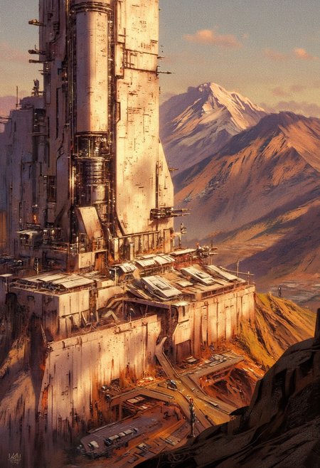 in the style of ck-sfc, detailed photorealistic image,  looking down from a mountain peak at a gleaming alabaster and marble sci-fi fortress, surrounded by armored walls with armored gun emplacements and rocket launchers, situated at a crossroads in a luch valley, silhouetted at sunset, great lighting
