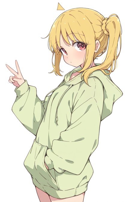 masterpiece, best quality, amazing quality,
 <lora:Melty_IL:1> meltypot, 1girl, solo, blonde hair, hood, simple background, red eyes, white background, hoodie, v, ahoge, looking at viewer, hand in pocket, hood down, side ponytail, long sleeves, green hoodie, bangs, nijika