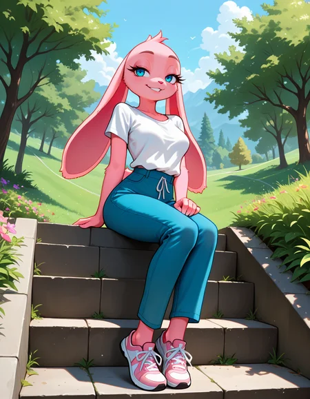 masterpiece, best quality, very aesthetic, absurdres,
outdoors, casual, 
full body, posing,
seductive smile, parted lips, long eyelashes, 
<lora:Poppy_v01_NAIXL:1>
P0pp7,1girl,solo,furry,furry female,rabbit girl,rabbit ears,blue eyes,animal nose,body fur,pink fur,rabbit rail,