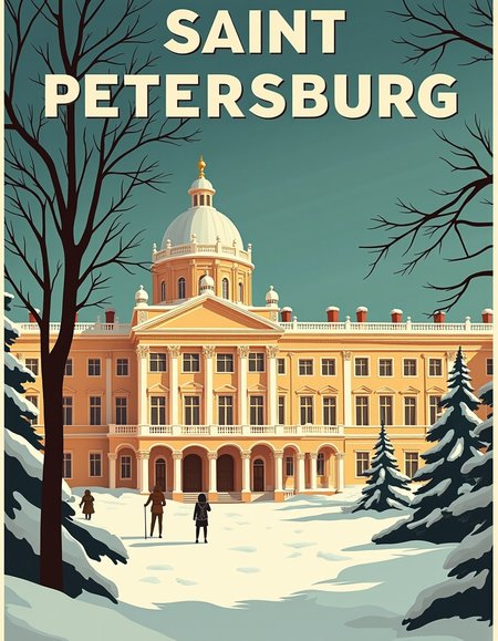 <lora:Travel posters:1> Travel illustration
1920 travel poster promoting travels to Saint Petersburg Russia,  Snowing, snow ground, (the Peter the Great's Winter Palace:1.3),  on top in beautiful text:  Experience Saint Petersburg