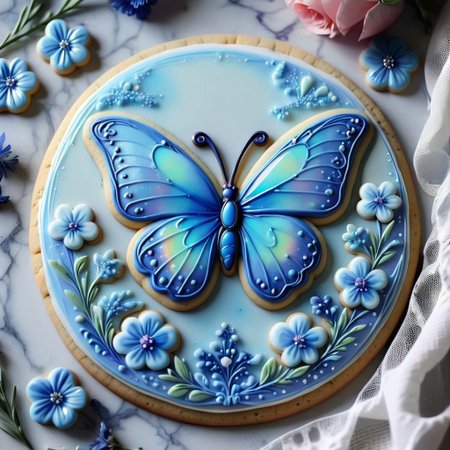 cookie art design, cookie decoration,solo cookie,(flat art),blue opalescence effect, opal gemstone, blue butterfly, blue flowers