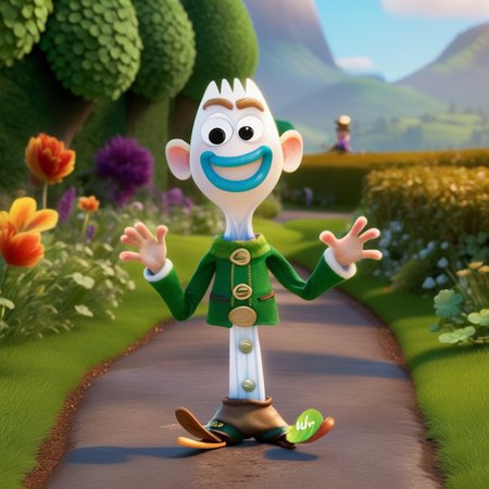ukj full body pixar style 3g cgi<lora:sdxl_forky_ukj_v10_6:1.0>  ((hilarious face, irish leprechaun))
