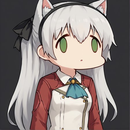 score_9,score_7_up,
fx-face, face_of_the_people_who_sank_all_their_money_into_the_fx_(meme),
cat ears,
 zeroelie, grey hair, long hair, green eyes, black hairband, hair ribbon, black ribbon, red shrug top, blue ascot, white dress, yellow belt, skirt, thighs,
medium breasts,
black background,
score_8_up,score_6_up,
 <lora:elie-pdxl-nvwls-v2:1> <lora:_sdxl-fxface-pony:1>