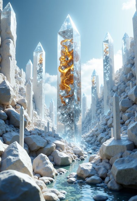 This high-resolution CGI illustration, rendered in a realistic, hyper-realistic style, depicts a clear, striking scene of massive, transparent crystals shooting out from all directions, creating a geometric, prismatic landscape. Each crystal has smooth, sharp edges with a flawless clarity, catching and reflecting subtle light from the surroundings. The scene is bright but without any intense glow or haze, allowing the natural, sharp edges of the crystals to stand out with crisp detail.
Embedded within some of the crystals are ancient seals, perfectly preserved and visible through the crystal’s glass-like surfaces. These seals appear as intricate, delicate markings, etched in deep amber and metallic silver, with symbols and glyphs suspended in their cores. The seals add a layer of mystery, as if each crystal holds secrets or ancient wisdom frozen in time.
The formation of the crystals creates an organic, yet organized structure, each shard pointing in various directions, forming a dramatic, almost architectural shape. The clarity and sharpness of the crystals, paired with the embedded seals, give the scene a sense of precision and timelessness, as though these structures are artifacts of an unknown, crystalline civilization.