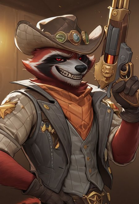 masterpiece, best quality, amazing quality, very aesthetic, absurdres, newest,  high quality, detailed, male, solo male, RocketBH, 1boy, broad shoulders, mature male, anthro, raccoon, animal ears, black and red orange fur, red eyes, red sclera, athletic build, facial hair, cowboy hat, gray vest, gray jacket, cowboy, bounty hunter, holding gun, looking at viewer, grinning, sharp teeth, indoors, detailed face, detailed eyes, volumetric lighting, half body