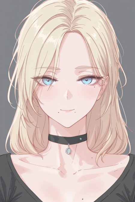 masterpiece, best quality, amazing quality,
 <lora:Nutzlos_IL:1> nutzlos, solo, mole under mouth, blue eyes, choker, grey background, mole, portrait, looking at viewer, blonde hair, simple background, black choker, 1girl, black shirt, shirt, collarbone, closed mouth, smile