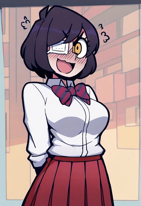 Masterpiece, best quality, aesthetic, high resolution, 1girl, solo, female, omoharu nakanaka (from komi-can't communicate), short hair, black hair, smooth hair, yellow eye, eyepatch, white eyepatch, skirt, shirt, long sleeves, bow, school uniform, white shirt, pleated skirt, striped, collared shirt, bowtie, red skirt, striped bow, striped bowtie, looking at viewer, open mouth, pointing finger, angry blush, embarassed smile,
Vanripper