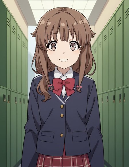 score_9, score_8_up, score_7_up, source_anime, <lora:kaede-azusagawa-s1-ponyxl-lora-nochekaiser:1>, kaede azusagawa, long hair, bangs, brown hair, brown eyes,, skirt, shirt, long sleeves, bow, school uniform, jacket, white shirt, pleated skirt, collared shirt, bowtie, red bow, black jacket, plaid, red skirt, plaid skirt, blazer, red bowtie,, school hallway, lockers, between classes, everyday life, smile, looking at viewer, solo,, cowboy shot, dutch angle