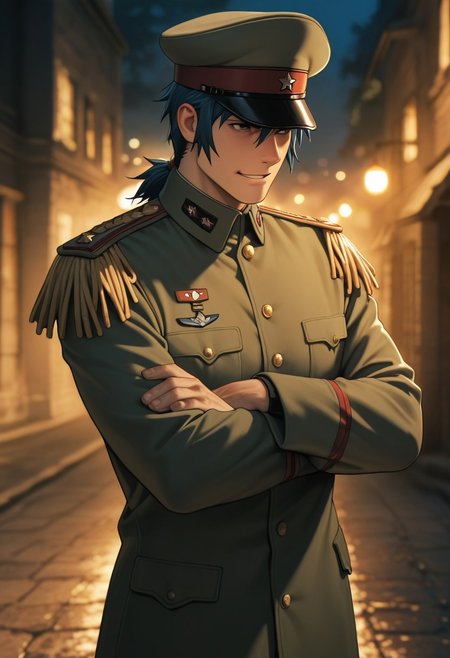 masterpiece, best quality, amazing quality, absurdres, newest, detailed background, definition so sharp, Ultra-HD, 8K cinematic, very awa, impressionate, amazing quality, highres, 
solo, male focus, manly, mature male, bara, bokeh, night, warm light, blurry background, outdoor, 
1boy, short hair, tied hair, low tied hair, lieutenant_pretime, lieutenant_blue hair, lieutenant_brown eyes, daikakukokujouji, military uniform, hat, coat, spaulettes, serious face, smirk, grin, crossed arms,