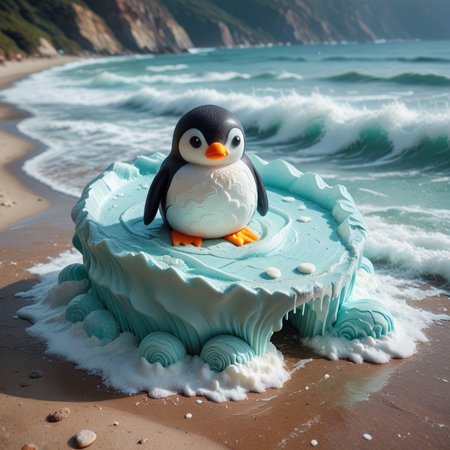 lazyup, penguin, vxc4k3, black-and-white cookie body, waddling on a wafer ice floe, mint-chip ocean waves, snowcaps of whipped cream, arctic pastry landscape. <lora:vx_cake_pony:1.1000000000000003> <lora:TrendCraft_The_Peoples_Style_Detailer-v2.0A-3_13_2025-PonyXL:0.4000000000000001>