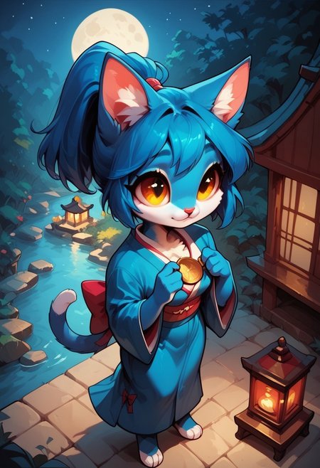 masterpiece, cute girl, Audr3yc4t, blue anthro cat, blue fur, blue hair, ponytail, score_9, score_8_up, score_7_up, score_6_up, 5ZSTYL3, fFaceDetail, Expressiveh, detailed eyes, 1girl, solo, big bright eyes, innocent look, standing, wearing kimono, sandles, bow, rock, bonsai trees, lantern, night, moon, deer scare, water shrine, insense, moon, high angle eyes half closed, holding coin,