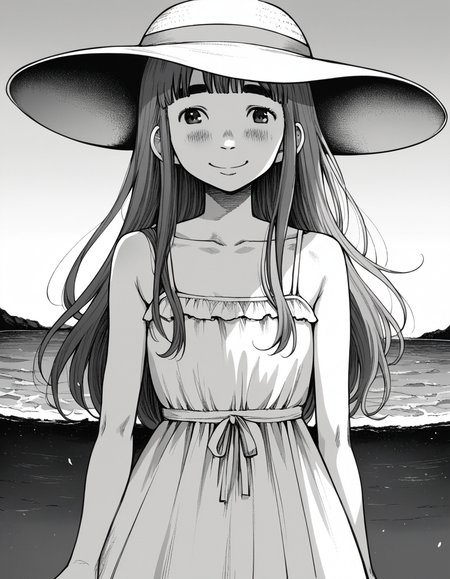 score_9, score_8_up, score_7_up, source_anime,
aikotanaka, <lora:aiko-tanaka-manga-ponyxl-lora-nochekaiser:1>,
aiko tanaka, long hair, bangs, thick eyebrows, blush, greyscale, monochrome,
dress, white dress, collarbone, bare shoulders, sundress, sun hat,
outdoors, beach, smile,
looking at viewer, cowboy shot, solo, dutch angle,