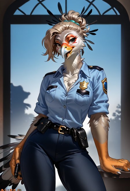 score_9, score_8_up, score_7_up, (by zummeng:1.5), (by jailbird:1.5), (by kittydee:1.5), masterpiece, best quality, (solo),  
(Furry Art : Anthro: secretary bird:1.5), 1girl, expressive eyes, feminine eyes, perfect face, feminine face, (light brown hair:1.5), (updo hair:1.5), feminine body, medium breasts, bird of prey, orange face markings around eyes, multicolored body, white feathers, black feathers, grey feathers, black thigh feathers, long legs, long head feathers, (police uniform:1.5), (grey eyes),