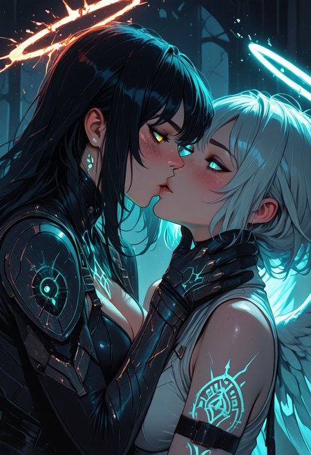 (masterpiece), (best quality), (8k), 2girls, angel and demon, intense stare-down, tension, glowing eyes, magical aura, emissive lighting effects, cinematic lighting, golden hour glow, divine vs infernal contrast, glowing halo above angel, broken burning halo above demon, floating sparks, glowing tattoos or markings, glowing feathers vs shadowy wings, ambient light particles, symmetrical composition, high detail, soft shadows and light contrast, dramatic environment, cleavage, large breasts, detailed armor, bodysuit, fishenets, sleeveless, armbands, flowing cloth, mystical energy in air, angel freckles, demon scars, 
Stand off, head to head, hand on neck, grabbing neck, eyes focused on each other, face details, hand up, happy, in love, blush, kiss, kissing, blushing,