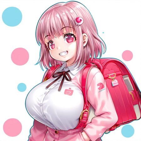1girl, nanami chiaki, huge breast, backpack, bag, breasts, facing viewer, flipped hair, grin, hair ornament, jacket, long sleeves, medium hair, neck ribbon, pink eyes, ribbon, shirt, smile, solo, white shirt,