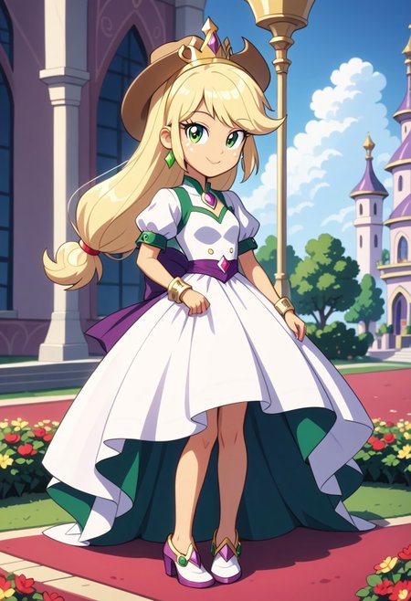 score_9, score_8_up, score_7_up, score_6_up, from My Little Pony Equestria Girls, a very young little human girl Applejack wearing a fit blue|sky|green|brown|darkpurple|red|yellow gradients colors short princess dress, elegant detailed princess shoes, solo, 1girl, little princess girl, gradient golden blond hair with crown hairband, smile, childhood, looking at viewer, glow detailed eyes, garden of canterlot, tul, chiffon, laces, semi realistic cartoon, unreal engine 5,  full body close-up, absurdres, digital art, soft light, perfect hands, perfect, hands, perfection, soft orange skin, green eyes, apples accesories and shoes, jewelery, tres chic,<lora:age_slider_v4:-4>,