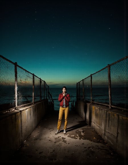 By Ibai Acevedo. A photo-realistic shoot from the side about a lone figure stands in a dimly lit concrete walkway between two chain-link fences, under a starry night sky. the image also shows the vast expanse of the ocean in the background. on the middle of the image, a young woman, who appears to be in her early twenties, stands with her hands clasped in front of her face, looking directly at the camera with a contemplative expression. she is wearing a red jacket and yellow pants, and her hair is styled in a short, neat manner. her eyes are not visible, but her body is positioned in a way that creates a sense of depth and perspective. the lighting is dramatic, with the blue and green hues of the night sky contrasting with the dark concrete walls of the walkway. the overall mood is somber and contemplative, as if the woman is lost in thought.