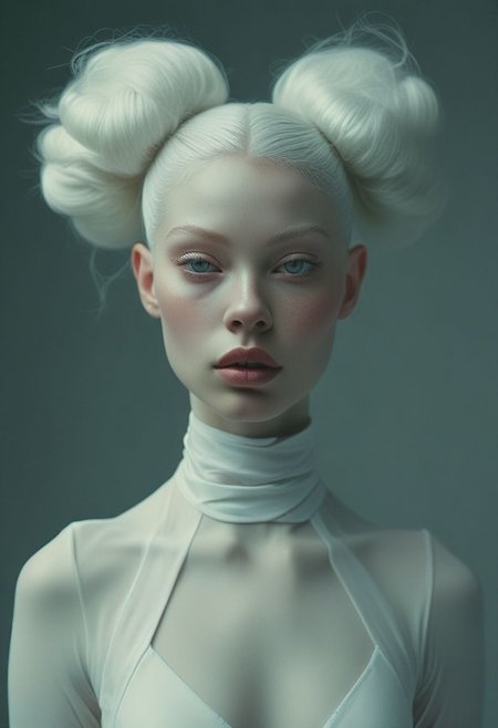 symmetrical front view, medium shot, dark photo, a evocative medium shot of a beautiful albino woman, beautiful makeup, ballet dancer bun hairstyle, futuristic white fit clothes
