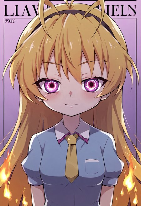 score_9, score_7_up,  source_anime, uncensored, flat color, vector trace, <lora:StS_PonyXL_Detail_Slider_v1.4_iteration_3:3>, storage room, (fire:1.1), symbolic, chibi inset,  upper body, back focus, magazine cover,
1girl, solo, li, small breasts, alternate hair color, quad tails, sidelocks, antenna hair, very long hair, looking at viewer, suit, legs apart, squinting,
<lora:Higurashi_Looper_Eyes_v1.1:1> looper eyes, purple eyes, glowing eyes, symbol-shaped pupils, eye reflection, <lora:huke_XL:1.2>