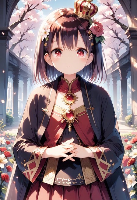score_9, score_8_up, score_7_up, 1girl,FujisakaLP,high definition eyes, (masterpiece), (best quality), (ultra detailed),(disheveled hair),(illustration), (best shadow), detail1eye, 18 year old beautiful girl, masterpiece, best quality, 8K animation, detailed fingers, precise fingers, not unnatural hands, illustration, 1 girl, solo, pink bob cut, gold crown, flower hair ornament, sagging eyes, red mini skirt, YUI