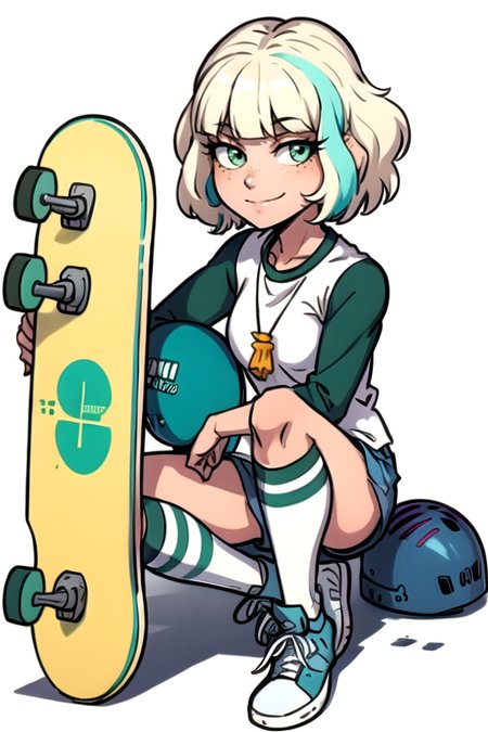<lora:JackieLynn-10:0.8> 1girl, solo, smile, short hair, blonde hair, white background, sitting, green eyes, multicolored hair, shoes, shorts, socks, streaked hair, kneehighs, helmet, sneakers, freckles, raglan sleeves, skateboard