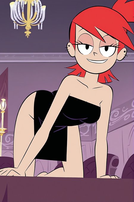 FrankieFoster, expensive bedroom, chandelier, black dress, smug, beautiful, on all fours, ass up , crawling on viewer, from below, collarbone , head tilt, on viewer , <lora:FrankieFosterCartoonXL-10:0.8>
