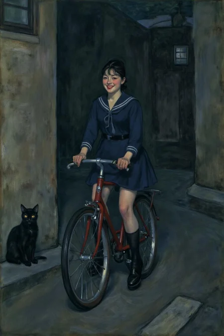 lautrec1 painting
of a young Japanese woman riding a old style bicycle through a narrow, quiet street at night. The happy woman wears a dark blue sailor style school uniform. In the corner, a small black cat with piercing eyes sits watching her quietly.  <lora:lautrec4_nocap_d6a3:1.0><lora:813628971225791727:0>