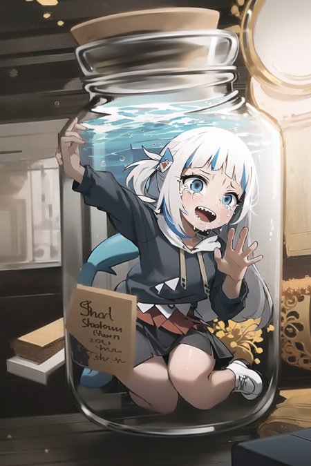 best quality, intricate details, full body,(cork, jar:1.2) (white shoes:1.2)


 gawr gura, shark girl, shark tail, shark print, blue hoodie, sharp teeth, animal hood, shark hair ornament,  <lora:gawrGuraHololive_v3:0.8>

 <lora:girlInTheBottleLocon_v10a:1> (in bottle,in container:1.3)