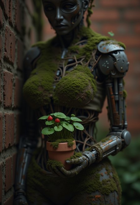 ajweathbo. A desolate, weathered robot stands against an old brick wall, its metal frame overtaken by creeping vines and moss. Rust and time have softened its once-gleaming surface, now textured with decay. In its hand, the robot delicately holds an aged terracotta flowerpot, where a single strawberry plant thrives, its green leaves vibrant against the muted tones of the scene. The composition is cinematic, with a vintage, photorealistic aesthetic—rich in fine details, from the cracks in the bricks to the tiny dewdrops on the moss. The lighting is soft and moody, evoking a sense of forgotten beauty and quiet melancholy.