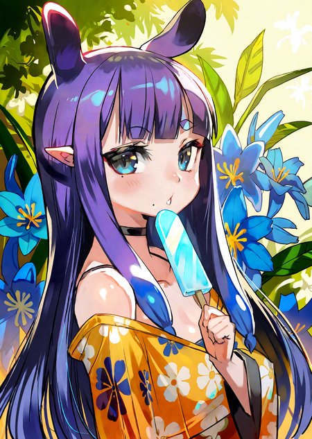 ninomae ina'nis, 1girl, virtual youtuber, popsicle, food, long hair, pointy ears, solo, sidelocks, mole under eye, bangs, purple hair, tentacle hair, multicolored hair, orange hair, gradient hair, blunt bangs, flower, mole, looking at viewer, blue flower, blue eyes, holding, very long hair, holding food, blush, eating, upper body, choker, animal ears
by  lalalalack