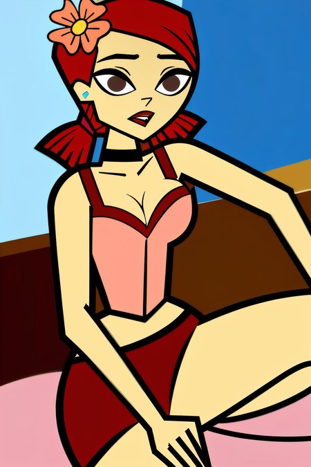 in the Bedroom, (Realistic:1.5) 1girl, solo, open mouth, cleavage, medium breasts, full body, red hair, hair flower, black choker, brown eyes, Floral skirt with a white blouse <lora:EdobZoeyTotalDrama_v1.0:0.8>